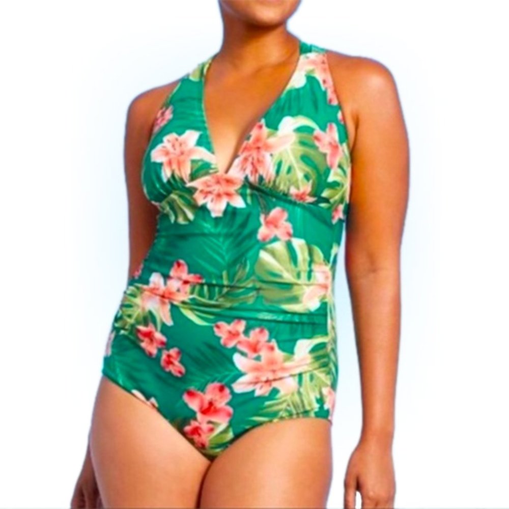 NWT Green & Pink Floral One-Piece Swimsuit - Women's Size Small - Kona Sol - Picture 1 of 4